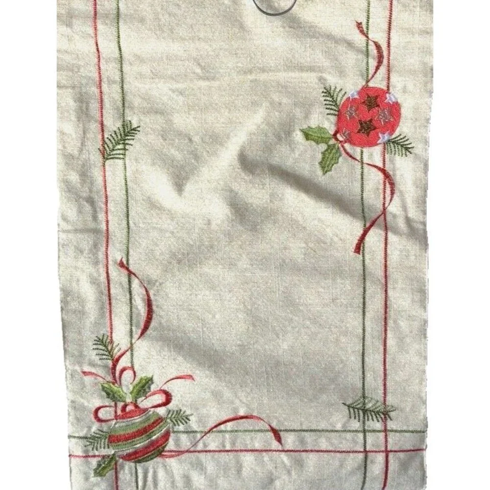 Christmas Embroidered Table Runner Ornament Holly Gold Red Green 72x14 Holiday